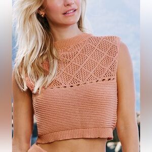 Brick Red Round Neck Sleeveless Knit Top. Crochet Knit Sleeveless Crop Top